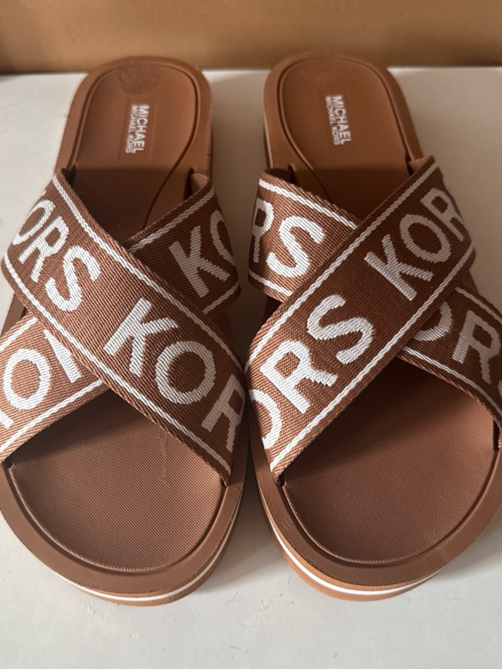 Michael Kors Tan Logo Crisscross Slide Sandals